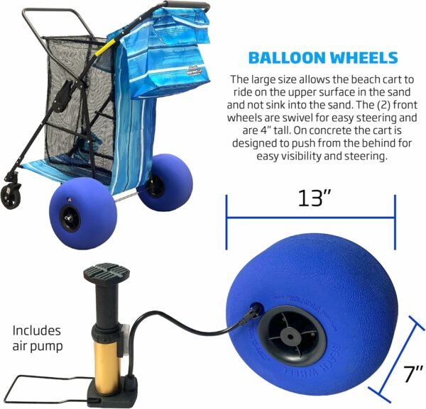 Beach Cart Deluxe Folding Utility Wagon - Heavy Duty, 13" Balloon Wheels, Removable Bag, Blue Striped, Holds 4 Chairs & Umbrella - Image 4
