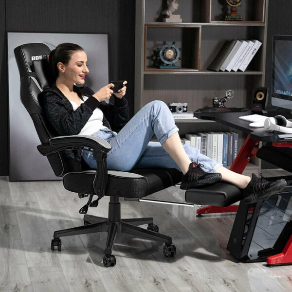 BOSSIN Ergonomic Gaming Chair with Footrest, Headrest, Lumbar Support, PU Leather, 300 lbs Capacity, Reclines 90-155° - Image 3