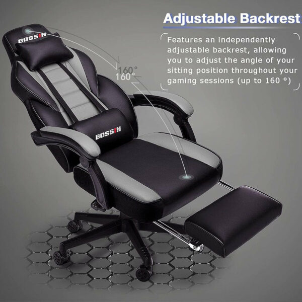 BOSSIN Ergonomic Gaming Chair with Footrest, Headrest, Lumbar Support, PU Leather, 300 lbs Capacity, Reclines 90-155° - Image 4