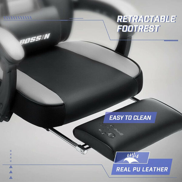 BOSSIN Ergonomic Gaming Chair with Footrest, Headrest, Lumbar Support, PU Leather, 300 lbs Capacity, Reclines 90-155° - Image 2