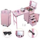 Byootique Portable Makeup Workstation - Pink Rolling Nail Desk with Mirror, Bluetooth, USB, 4 Drawers, Aluminum Frame