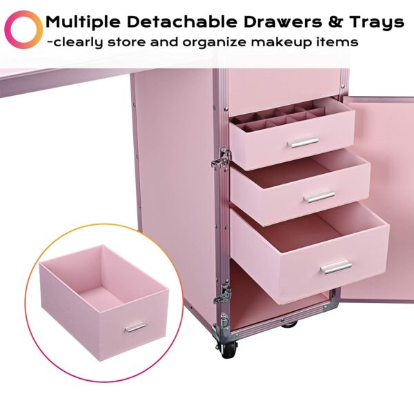 Byootique Portable Makeup Train Case with Mirror, 4 Drawers, Bluetooth Speaker & USB Port - Image 4