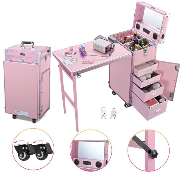 Byootique Portable Makeup Train Case with Mirror, 4 Drawers, Bluetooth Speaker & USB Port - Image 2