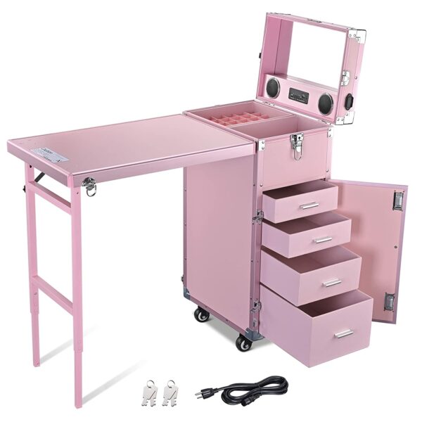 Byootique Portable Makeup Train Case with Mirror, 4 Drawers, Bluetooth Speaker & USB Port
