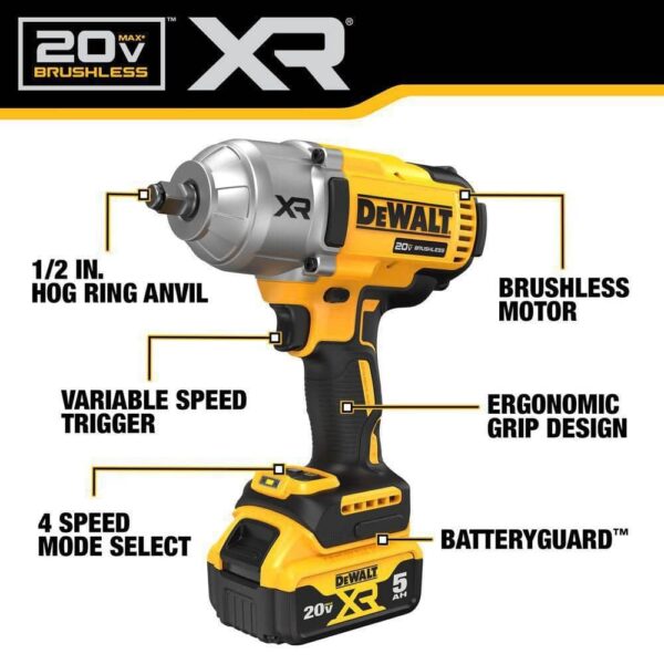 DEWALT 20V MAX XR 1/2" Cordless Impact Wrench Kit, High Torque, LED, Battery & Charger - Image 5