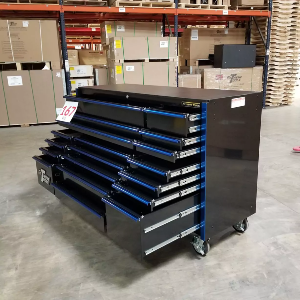 Extreme Tools RX Series 72" 19-Drawer Roller Cabinet, Black/Blue, 12-Gauge Steel, Professional Tool Storage - Image 4