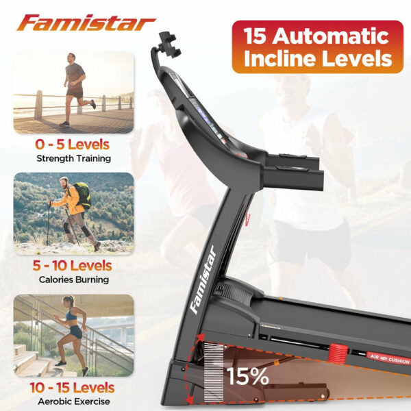 Famistar 4.5HP Folding Treadmill, 15 Incline Levels, 10MPH, 300LB Capacity, Bluetooth, LCD Display - Image 6