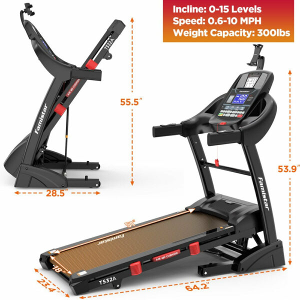 Famistar 4.5HP Folding Treadmill, 15 Incline Levels, 10MPH, 300LB Capacity, Bluetooth, LCD Display - Image 7