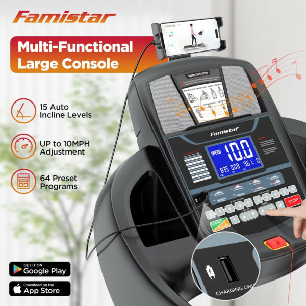 Famistar 4.5HP Folding Treadmill, 15 Incline Levels, 10MPH, 300LB Capacity, Bluetooth, LCD Display - Image 9