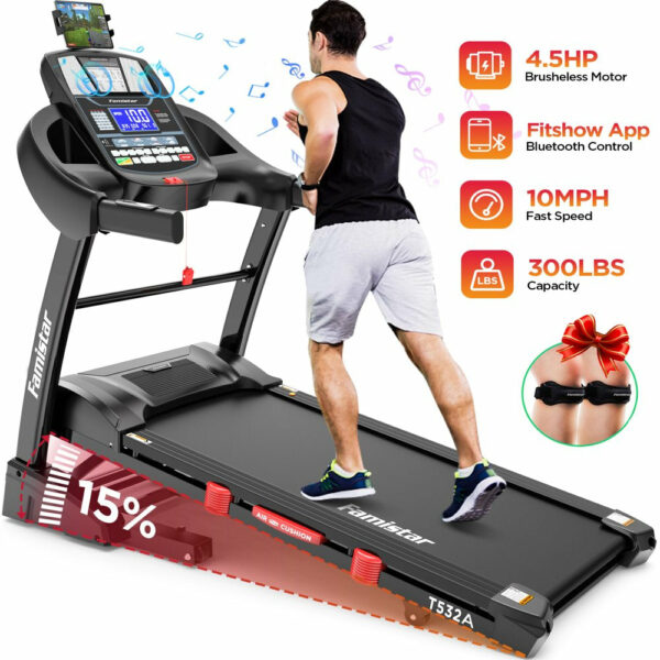 Famistar 4.5HP Folding Treadmill, 15 Incline Levels, 10MPH, 300LB Capacity, Bluetooth, LCD Display