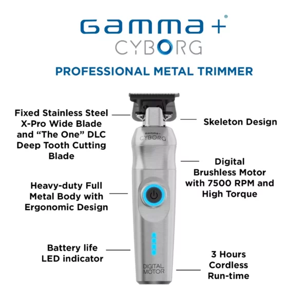 GAMMA+ Cyborg Professional Metal Hair Trimmer, Digital Brushless Motor, Stainless-Steel Blade, Lithium-Ion Battery - Image 3