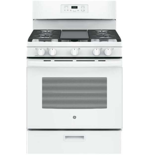 GE 30" Freestanding Gas Range, 5 cu. ft. Oven, White, Edge-to-Edge Cooktop, Non-Stick Griddle, Power Boil & Simmer Burners