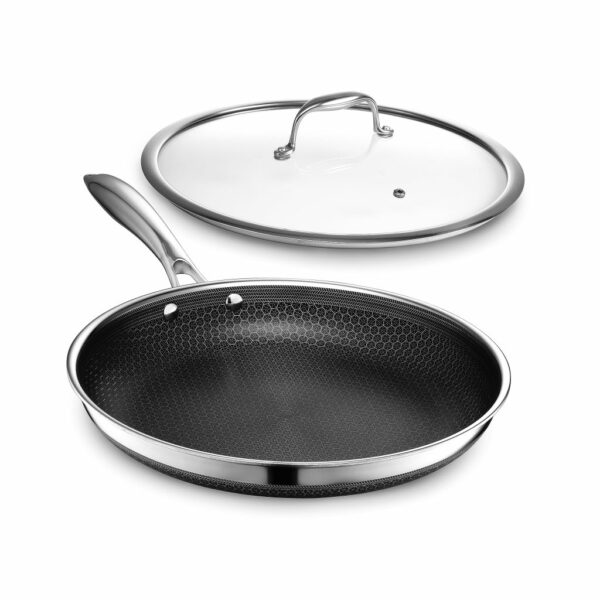 HexClad 12-Inch Hybrid Nonstick Fry Pan with Glass Lid, Dishwasher & Oven Safe, Silver
