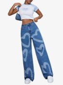 IG4 Women's High Waist Heart Print Wide Leg Jeans