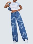 IG4 Women's High Waist Heart Print Wide Leg Jeans