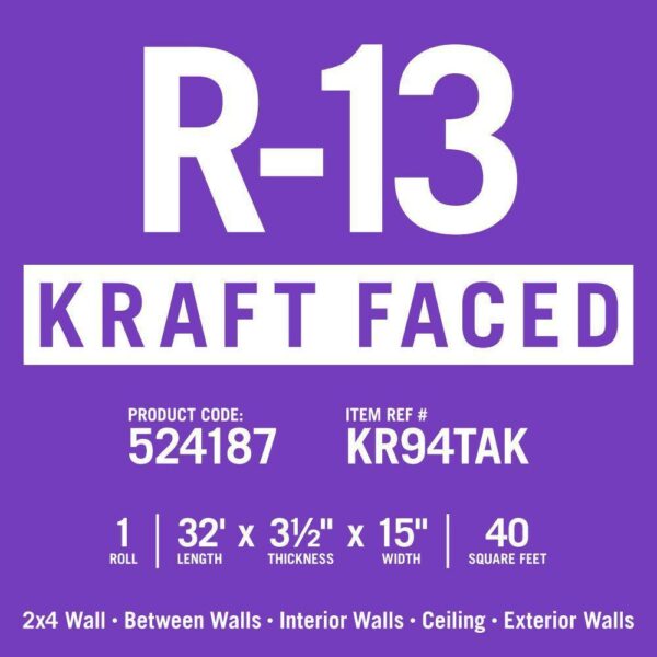 Knauf EcoRoll R-13 Kraft Faced Formaldehyde-Free Fiberglass Insulation, 15"x32', Sustainable, Easy Install - Image 2