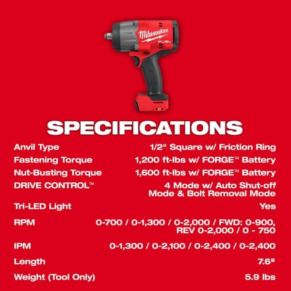 Milwaukee M18 FUEL 18V 1/2" Cordless Impact Wrench with 6.0Ah Battery, Brushless Motor, Compact Design - Image 8