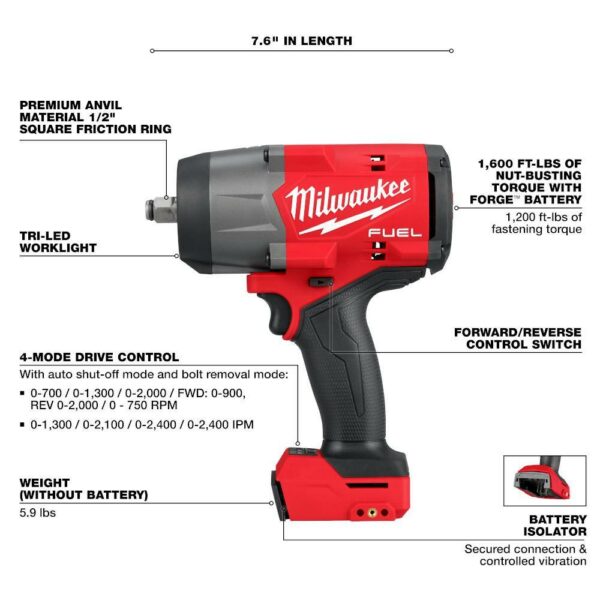 Milwaukee M18 FUEL 18V 1/2" Cordless Impact Wrench with 6.0Ah Battery, Brushless Motor, Compact Design - Image 4