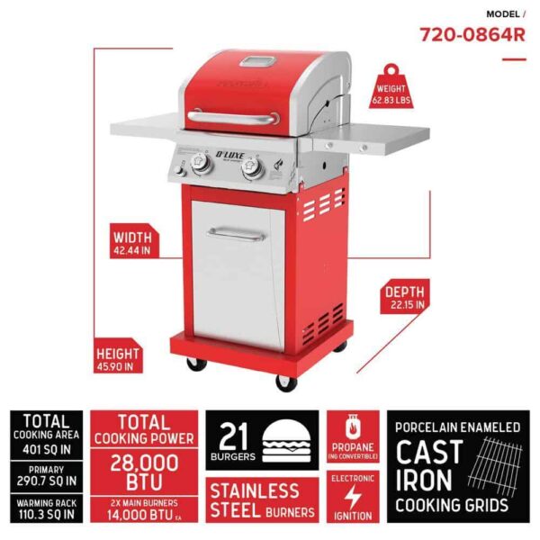 Nexgrill Deluxe 2-Burner Gas Grill, Red, 28,000 BTUs, Stainless Steel, Convertible to Natural Gas - Image 3