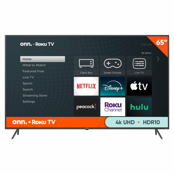 onn. 65" 4K UHD LED Roku Smart TV with HDR, 60Hz, VESA Mount, 3 HDMI Ports, Smart Home Compatible