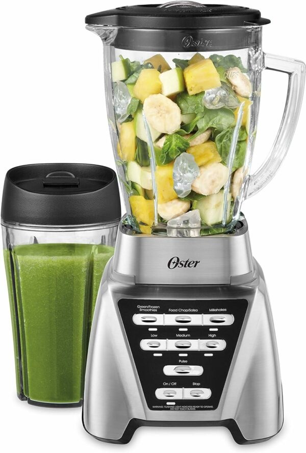 Oster Pro 1200 Blender, Glass Jar & 24oz Smoothie Cup, 1200W, 7 Speeds, Dual Direction Blades, Brushed Nickel