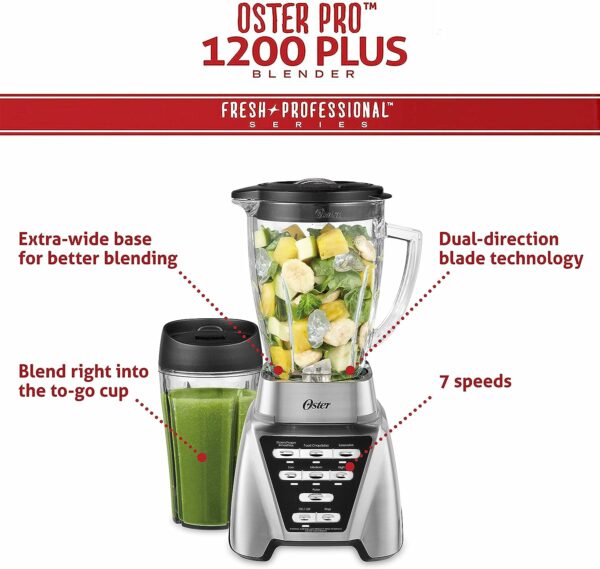 Oster Pro 1200 Blender, Glass Jar & 24oz Smoothie Cup, 1200W, 7 Speeds, Dual Direction Blades, Brushed Nickel - Image 2