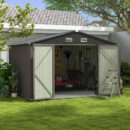 Patiowell 10x10 ft Metal Outdoor Storage Shed with Sloping Roof & Lockable Doors, Coffee Brown