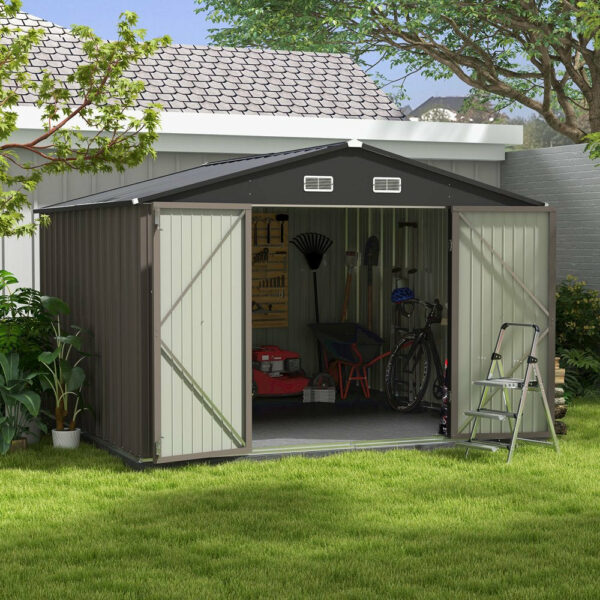 Patiowell 10x10 ft Metal Outdoor Storage Shed with Sloping Roof & Lockable Doors, Coffee Brown - Image 2
