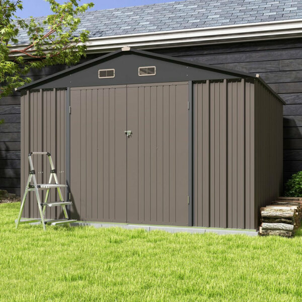Patiowell 10x10 ft Metal Outdoor Storage Shed with Sloping Roof & Lockable Doors, Coffee Brown