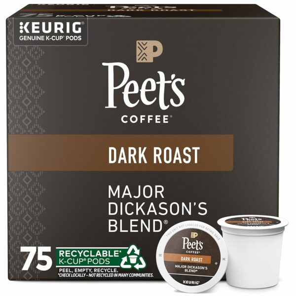 Peet's Coffee Major Dickason's Blend Dark Roast K-Cup Pods, 75 Count, 100% Arabica, Compatible with Keurig Brewers