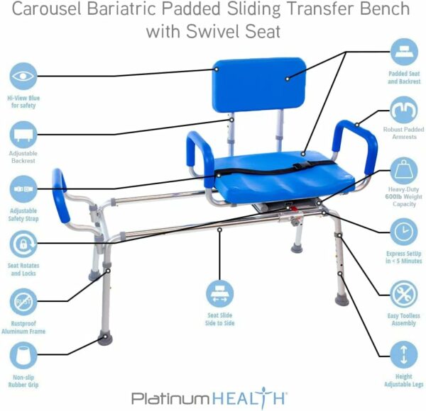 Platinum Health Carousel Sliding Shower Chair, Blue Aluminum, Swivel Padded Seat, 300 lb Capacity - Image 3