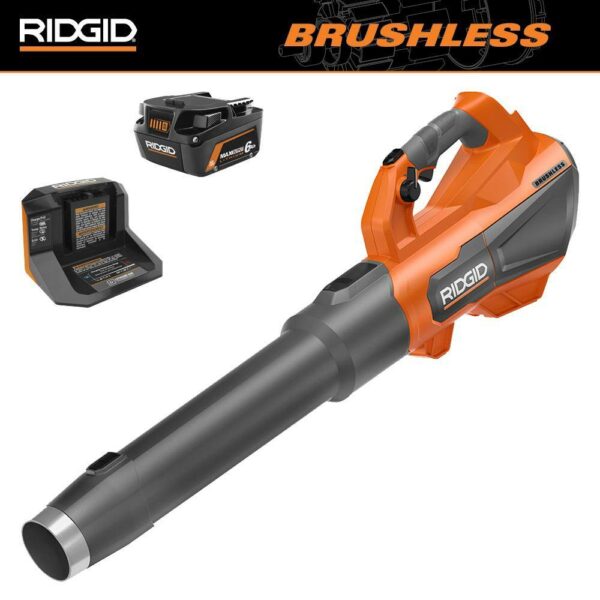RIDGID 18V Brushless Cordless Leaf Blower R01601K with 6.0Ah Battery, 510 CFM, 130 MPH
