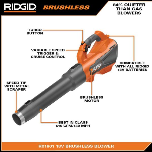 RIDGID 18V Brushless Cordless Leaf Blower R01601K with 6.0Ah Battery, 510 CFM, 130 MPH - Image 3