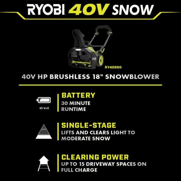 RYOBI 40V HP Brushless 18" Cordless Snow Blower with 6.0 Ah Battery & Charger - Image 4