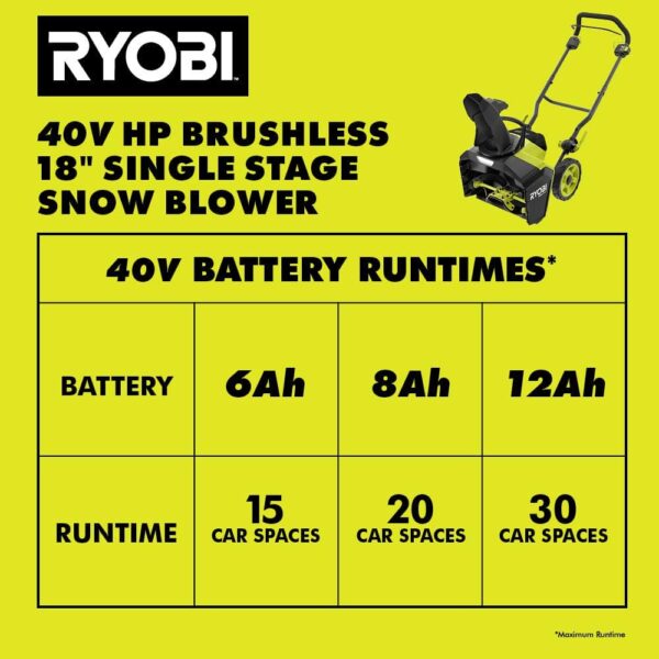RYOBI 40V HP Brushless 18" Cordless Snow Blower with 6.0 Ah Battery & Charger - Image 13