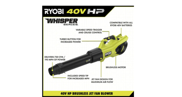 RYOBI 40V HP Brushless Cordless Leaf Blower, 730 CFM, 190 MPH, 2x 4.0 Ah Batteries & Charger, 57 dB Quiet - Image 3