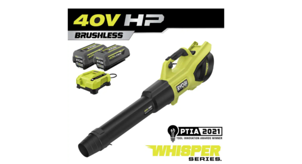 RYOBI 40V HP Brushless Cordless Leaf Blower, 730 CFM, 190 MPH, 2x 4.0 Ah Batteries & Charger, 57 dB Quiet