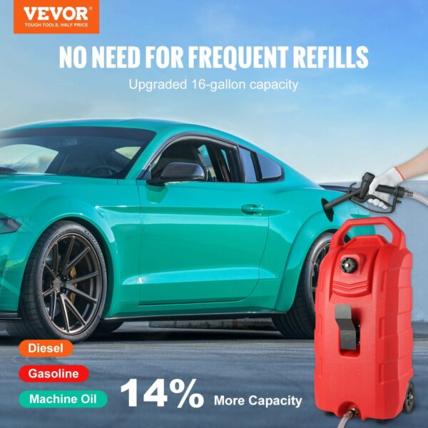 SKYSHALO 16 Gallon Portable Fuel Caddy with Manual Pump, 6-Inch Wheels for Gasoline & Diesel - Image 2