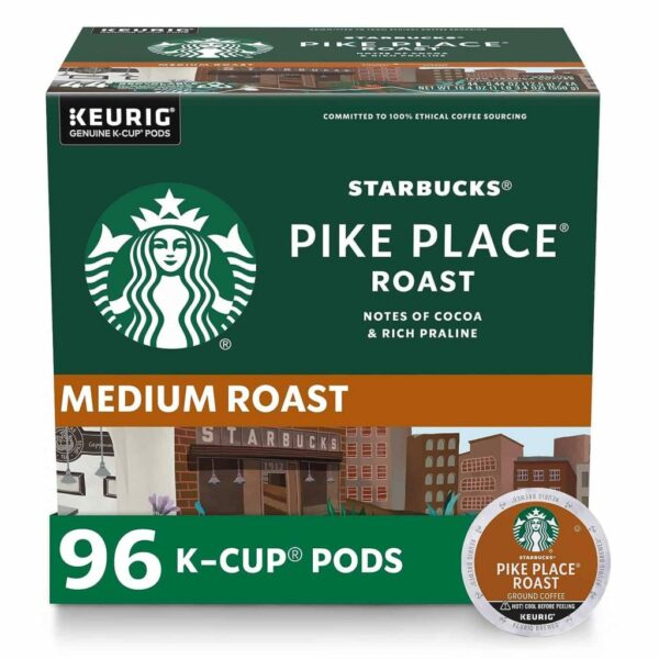 Starbucks Pike Place Roast Medium Coffee K-Cups, 96-Count, 100% Arabica, Keurig Compatible
