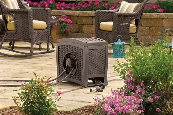 Suncast Aquawinder 125' Wicker Garden Hose Reel, Automatic Retractable, Java - Image 2