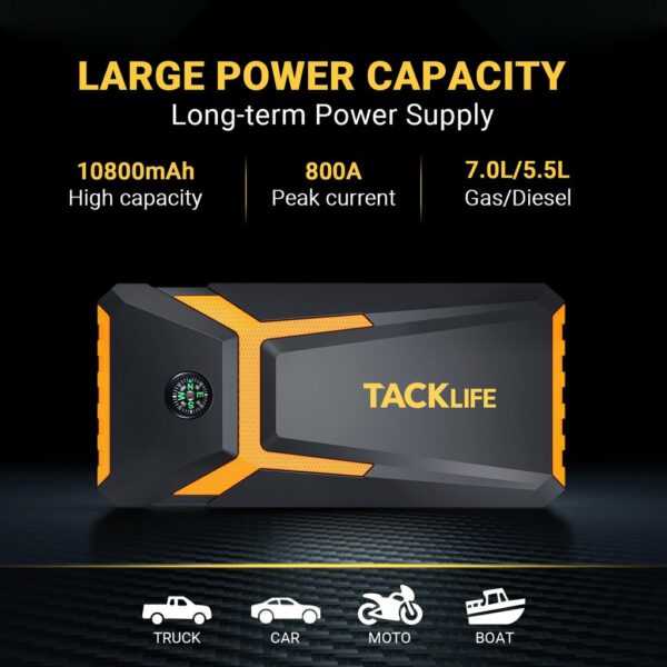 TACKLIFE T8 Car Jump Starter 800A 18000mAh 12V Battery Booster for Gas & Diesel Engines - Image 2