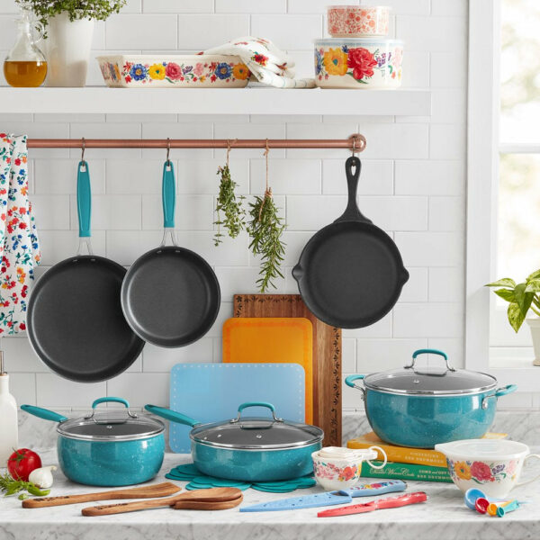 The Pioneer Woman 38-Piece Cookware Set, Teal, Floral Design, Complete Kitchen Solution - Image 2
