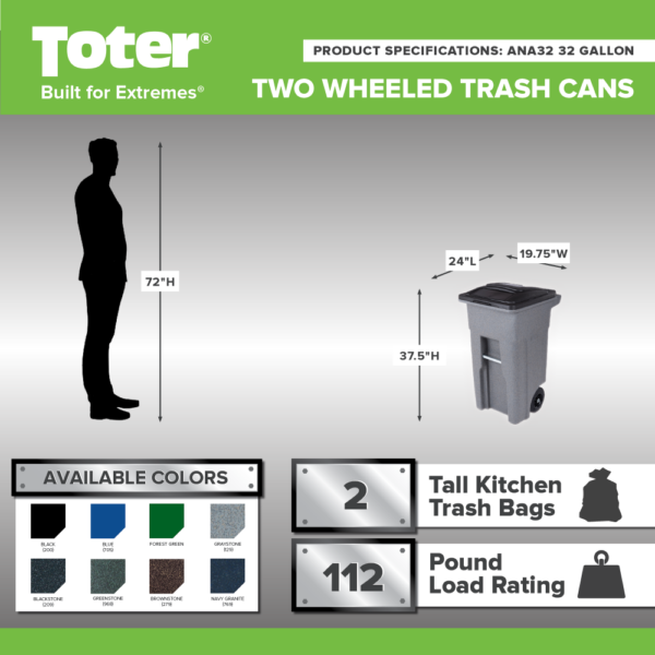 Toter 32 Gallon Greenstone Trash Can with Quiet Wheels & Attached Lid - Durable Indoor/Outdoor Waste & Recycling Container - Image 2