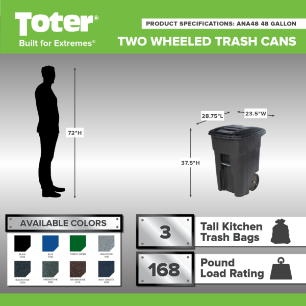 Toter 48 Gallon Green Trash Can with Quiet Wheels & Lid - Durable, Recycled, Curbside Compatible - Image 2