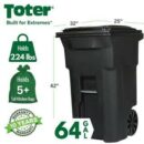 Toter 64 Gallon Black Outdoor Trash Can with Wheels & Lid - Durable, Seamless, Recyclable Design
