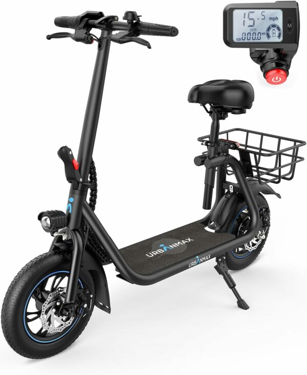 URBANMAX C1 Electric Scooter with Seat, 450W Motor, 22 Mile Range, Foldable, Dual Braking, Black
