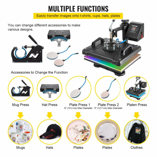 VEVOR 5 in 1 Digital Heat Press Machine for T-Shirts, Hats, Mugs, Plates, 360° Rotation, 1050W, Insulated Kit - Image 4