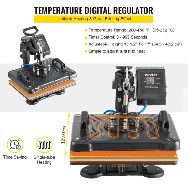 VEVOR 5 in 1 Digital Heat Press Machine for T-Shirts, Hats, Mugs, Plates, 360° Rotation, 1050W, Insulated Kit - Image 9