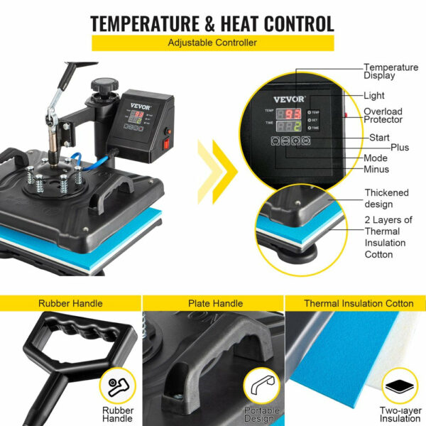 VEVOR 5 in 1 Digital Heat Press Machine for T-Shirts, Hats, Mugs, Plates, 360° Rotation, 1050W, Insulated Kit - Image 3