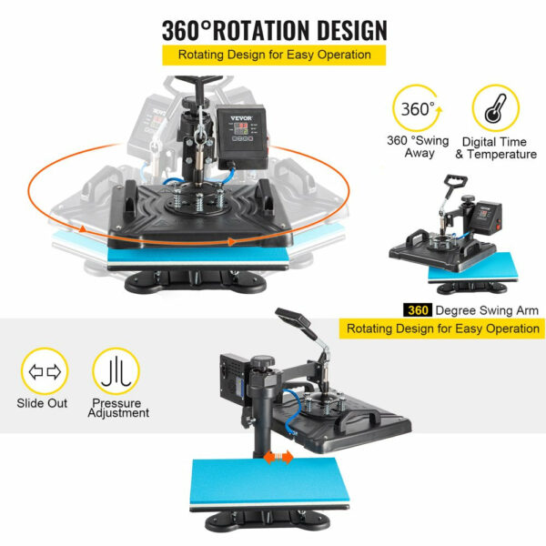 VEVOR 5 in 1 Digital Heat Press Machine for T-Shirts, Hats, Mugs, Plates, 360° Rotation, 1050W, Insulated Kit - Image 6